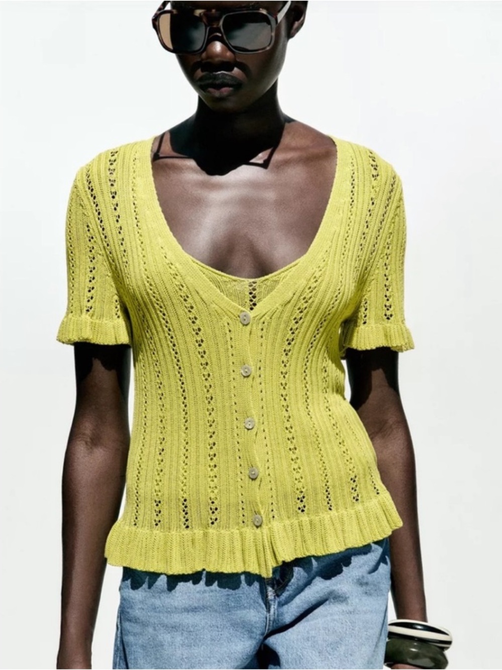 NWT Zara Pointelle Ruffled Knit Cardigan